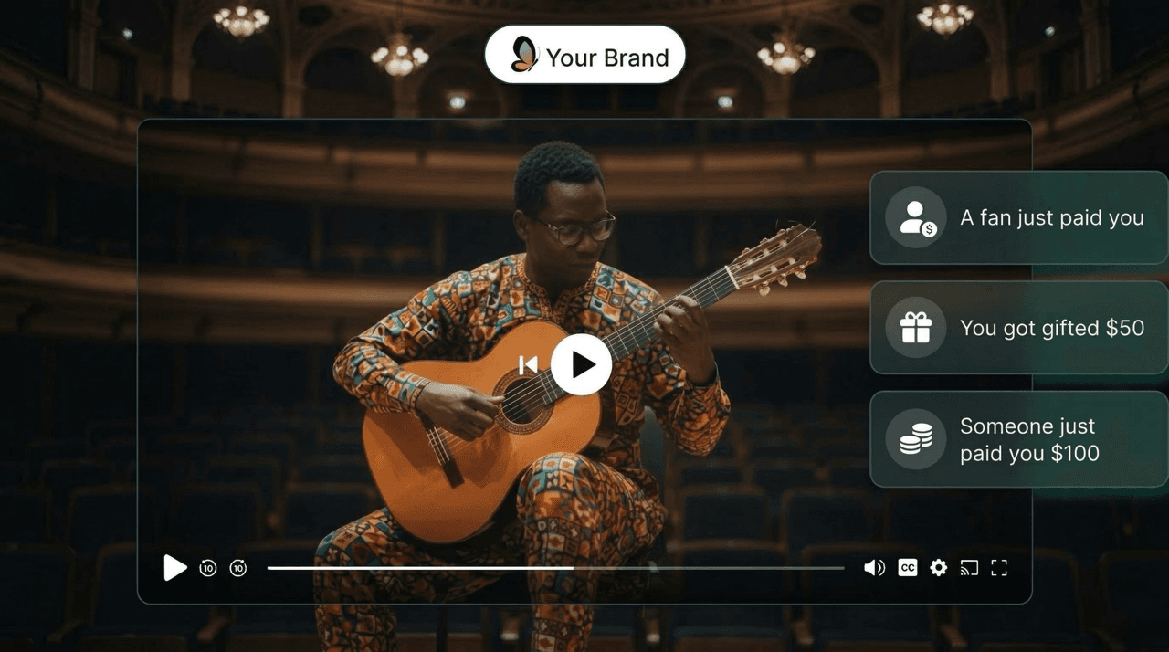 TiVi streaming platform — branded video player with live payment notifications from fans